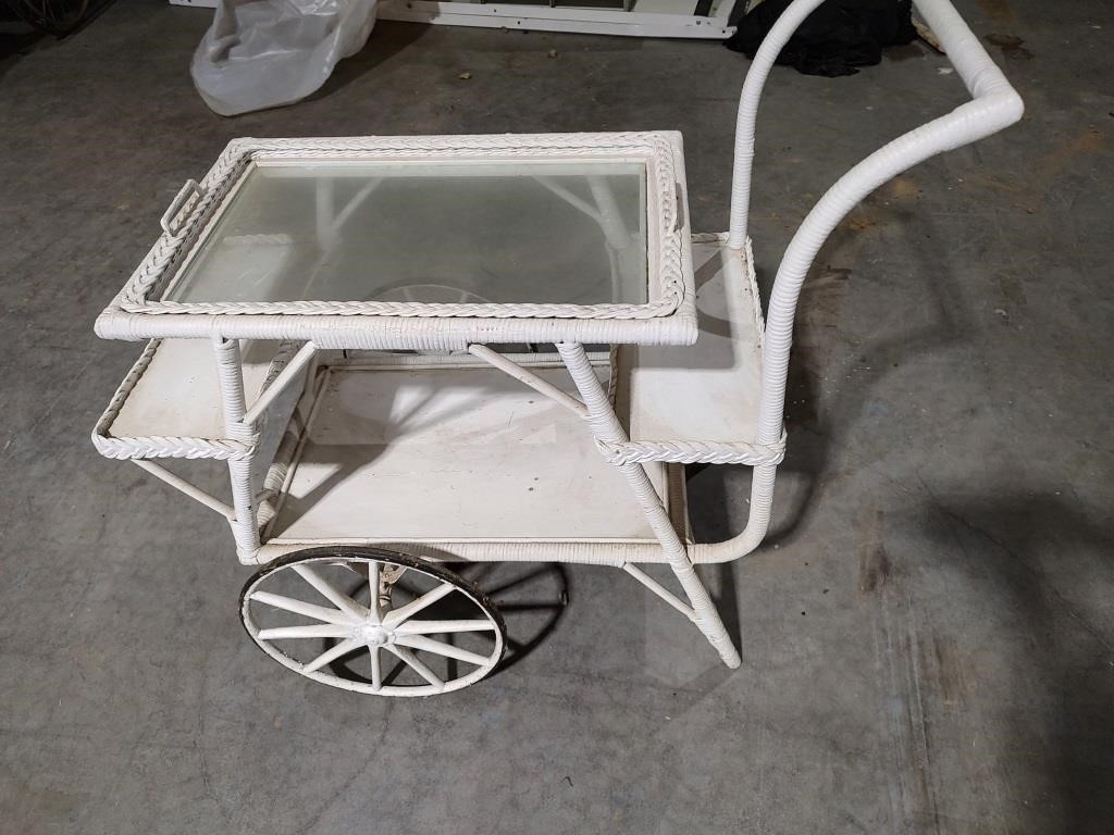 Old Wicker Tea Cart with Metal Wheels