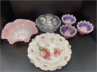Fenton Crimped Glass Bowl & Antique Pieces