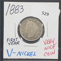 First Yr 1883 V Nickel 5 Cents