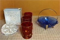 Pretty Blue Bowl with Stand, Paper Weight, & Red