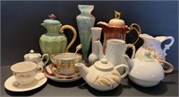 Assorted China Teapots, Teacups, Saucers, and