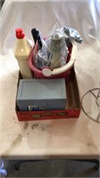Recipe box, grooming supplies, chicken beer