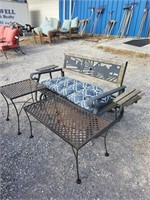 GLIDER & 2 WROUGHT IRON PATIO TABLES