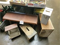 Bench, rolling stool & little bench & boxes