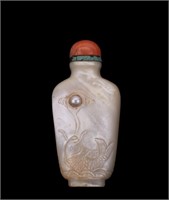 M.O.P. Carved Snuff Bottle, Pearl, Coral Top
