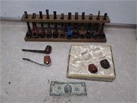 Large Tobacoo Pipe Lot w/ Wooden Rack -
