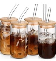 Glass Cups with Lids and Straws 4pcs