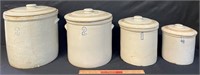 DESIRABLE SET OF FOUR ANTIQUE STONEWARE CROCKS