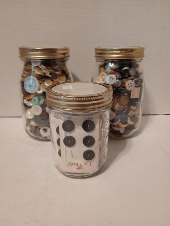 3 jars of buttons, vintage & more.