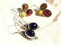 Sterling Silver & Amethyst/Amber Earring Sets