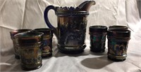 Antique Carnival Peacock Pitcher & 6 Glasses