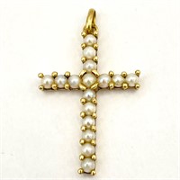 14K Gold Pearl Cross Pendant