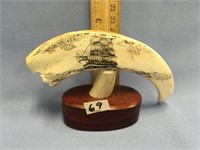 6" scrimshawed tooth with a triple masted sailing