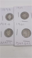 4 Barber Dimes assorted years