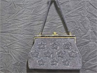 Charcoal Gray Beaded Handbag with Beaded Handle