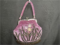 Purple Velour Beaded Hand Bag with Beaded Fringe