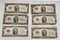 6 Red Seal 2 Dollar Bills