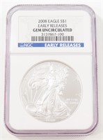 NGC 2008 SILVER EAGLE GEM UNCIRCULATED