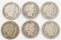 LOT OF SIX BARBER SILVER DIMES
