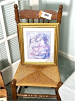 Antique Oak Ladder Back Rush Seat Chair & Art