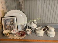 Tea Cups, Piano Figurine, Milk Glass Platter