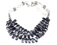Dark blue gemstone, silver & pearl necklace