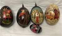 FIVE handpainted eggs. 2" to 4"