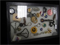Vintage watch fob, military pins, corkscrews,