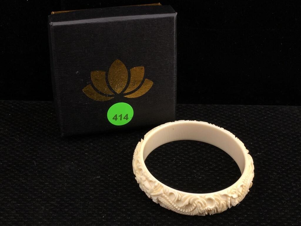 Genuine Carved Ivory Bangle Bracelet - Dragon