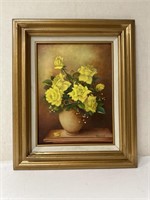 Vintage framed & matted floral canvas painting