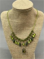 Green Beaded Necklace-Unmarked
