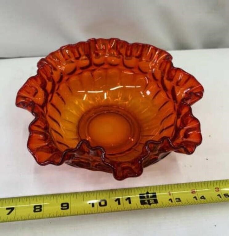 Fenton Ruffled Thumb Print Bowl Amberina Silver