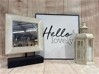Table Top Mirror, Candle Lantern & Lovely Sign