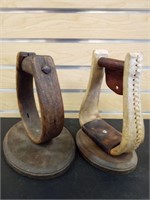 2- Antique Stirrup Saddle Decor On Wood Bases