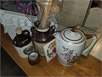 Tea Pot, Crock of Utensils, etc.