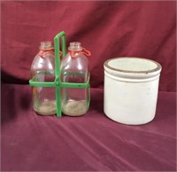 Two Milk Bottles With Holder, One 7 1/2 Inch Crock