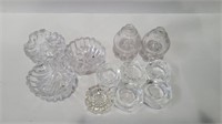 3 glass shell ashtray and 6 salts various shapes