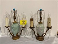 PAIR OF ANTIQUE IRIDESCENT LAMPS W/ PRISMS