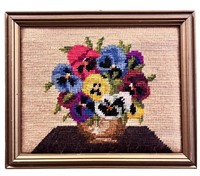 1970s Framed Crewel/Embroidery Pansies