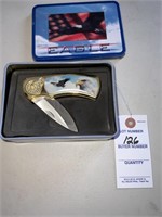 Awesome Eagle Tin Case w/ Eagle Scene Steel Knife