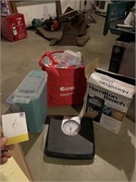 Scale, coffee pot., storage items , Toyota cooler