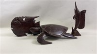 3 Iorn Wood Sculptures Turtle & 2 Fish