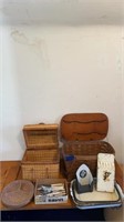 Vintage picnic basket, Pfaltzgraff flatware,