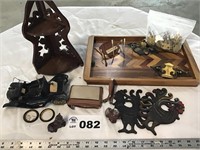 WOOD TRAY, CAST IRON ROOSTERS, WALL HANGINGS