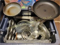 TOTE OF POTS, PANS, COOKIE SHEETS, MUFFIN TINS