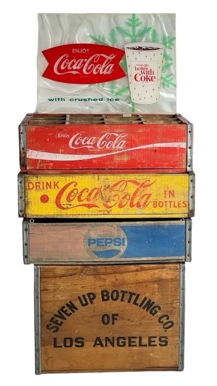 Vintage Coca Cola, Pepsi, Seven Up Bottle Crates