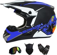 XL Dirt Bike Helmet + Gloves  Goggles Blue