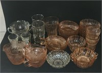 Pink Glass: Bowls, Cups, Pitcher, Tea Cups