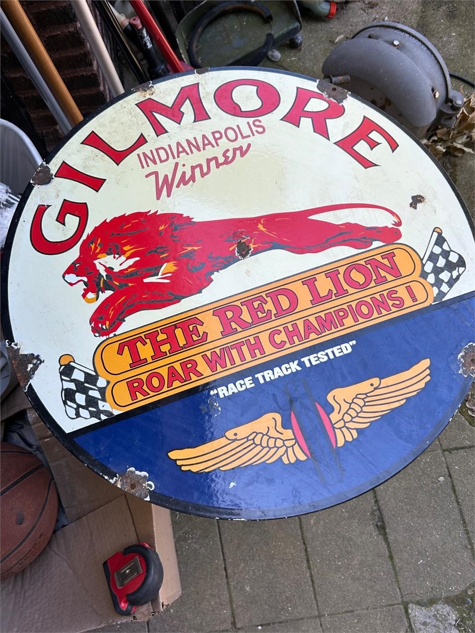 24" D/S Gilmore, Red Lion Gasoline Porcelain Sign