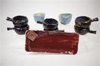 Artisian Signed Condiment Clay Dishes & Tray